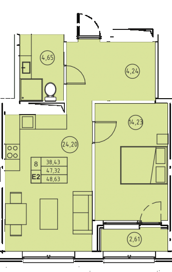 Двухкомнатная квартира 48.63 м²