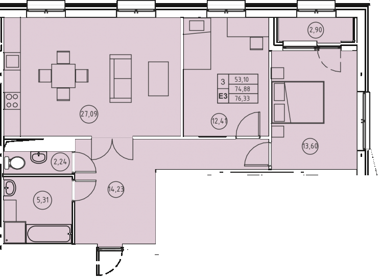 Трёхкомнатная квартира 76.33 м²