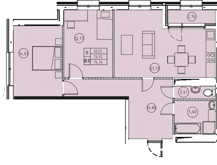 Трёхкомнатная квартира 74.74 м²