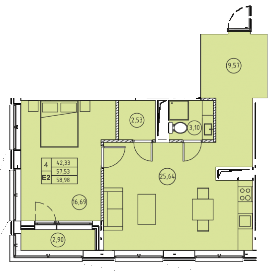 Двухкомнатная квартира 58.98 м²