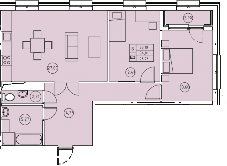 Трёхкомнатная квартира 76.25 м²