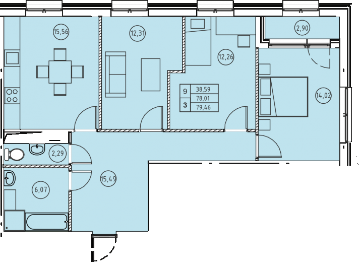 Трёхкомнатная квартира 79.46 м²