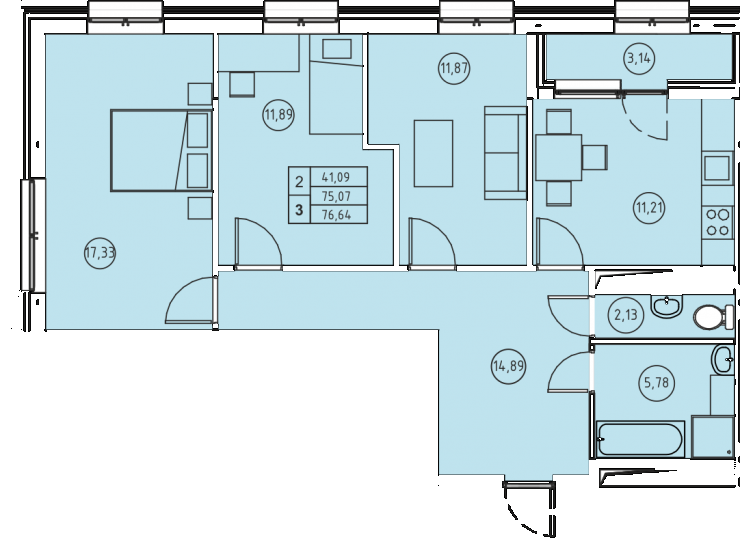 Трёхкомнатная квартира 76.64 м²