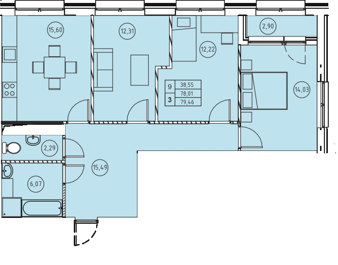 Трёхкомнатная квартира 79.46 м²