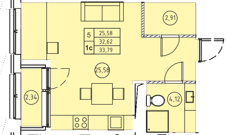 Студия 33.79 м²