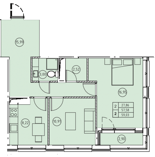 Двухкомнатная квартира 59.03 м²