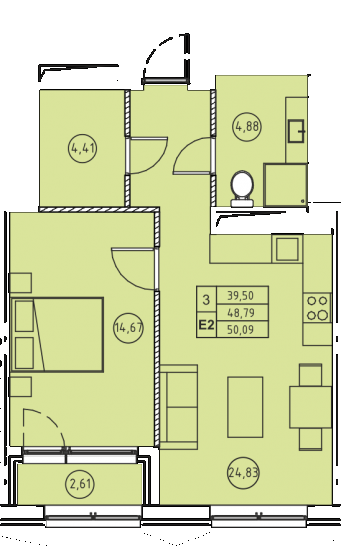 Двухкомнатная квартира 50.09 м²