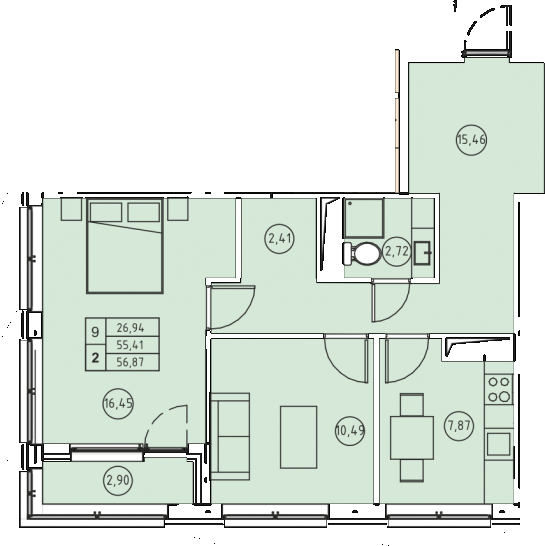 Двухкомнатная квартира 56.86 м²