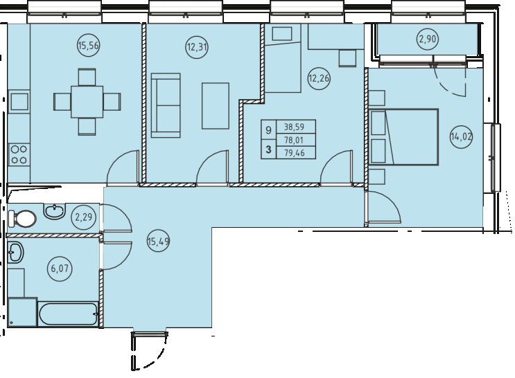 Трёхкомнатная квартира 79.46 м²
