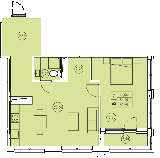 Двухкомнатная квартира 57.64 м²