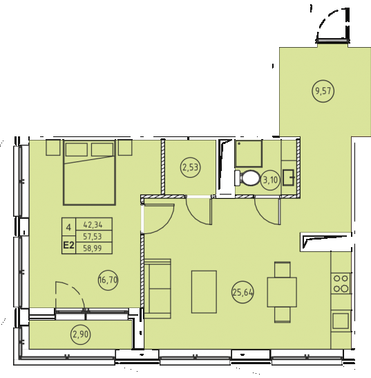 Двухкомнатная квартира 58.99 м²