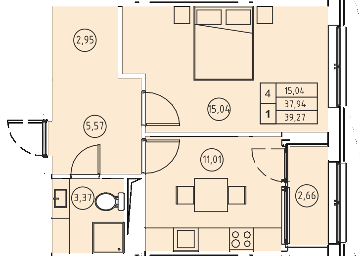 Однокомнатная квартира 39.27 м²