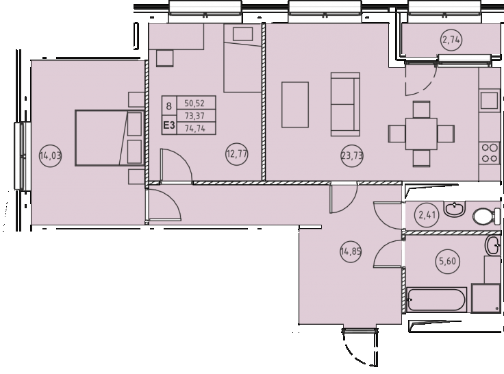 Трёхкомнатная квартира 74.74 м²